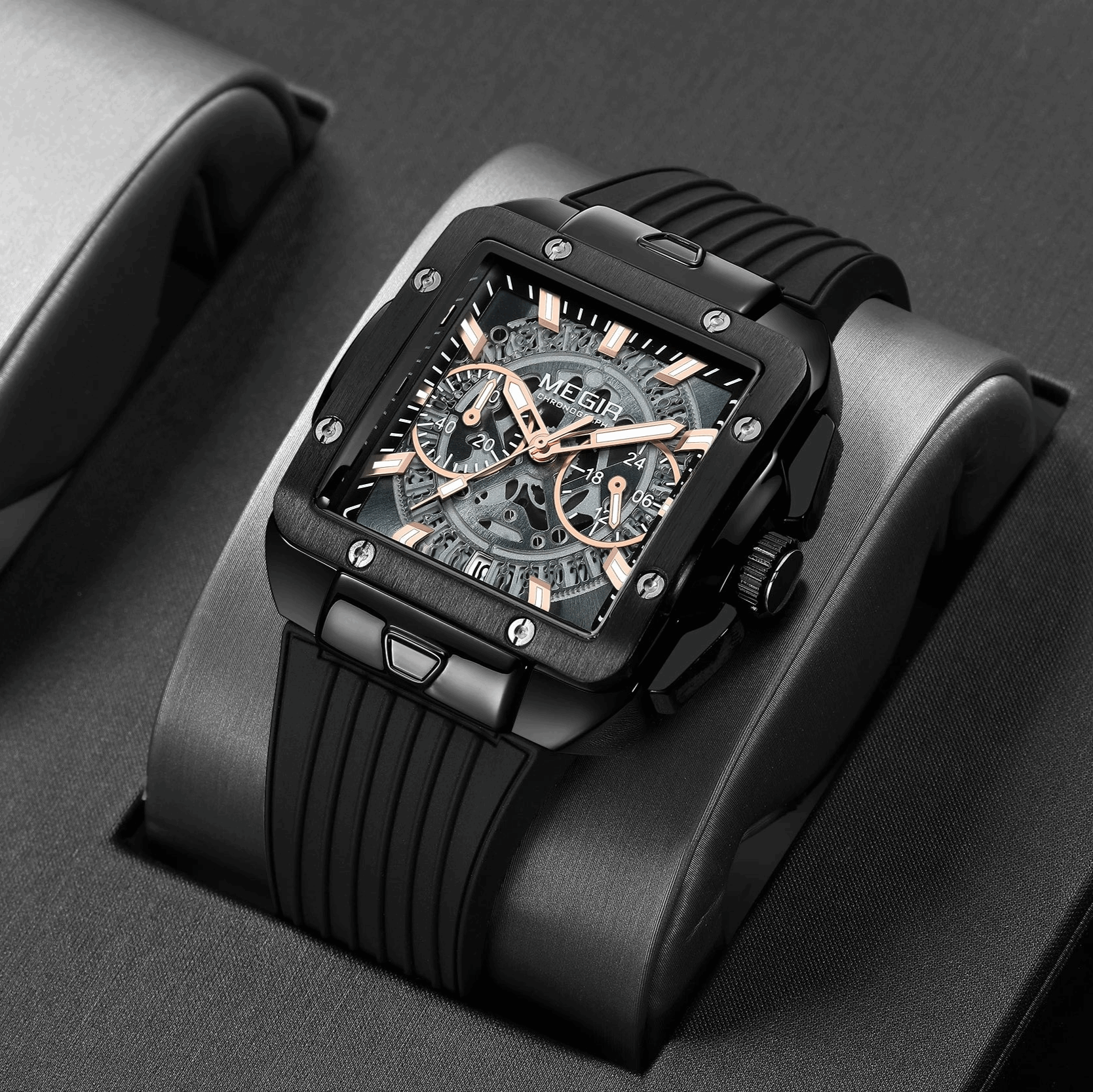 MEGIR Homme – Montre Sport Chronographe Carrée & Bracelet Silicone